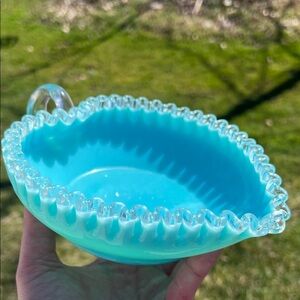 Vintage Fenton Turquoise Blue Milk Glass Silver Crest Heart Shaped Candy Dish